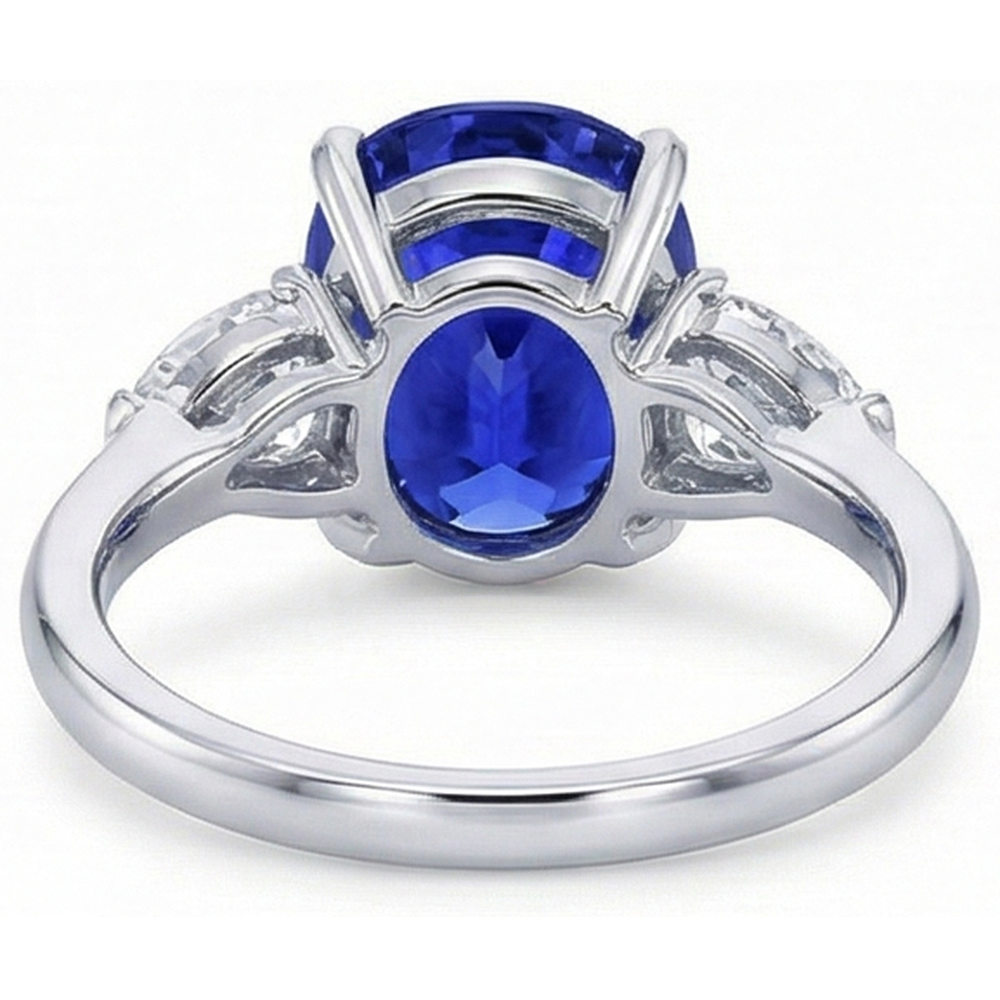 3 Stone Oval Ring Prong Blue Sapphire & Pear Natural Earth Mined Diamonds 4.50 Carats