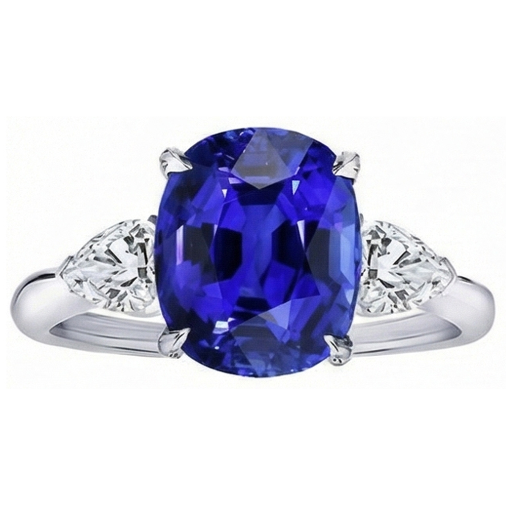 3 Stone Oval Ring Prong Blue Sapphire & Pear Natural Earth Mined Diamonds 4.50 Carats
