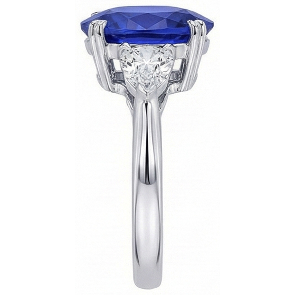 3 Stone Oval Ring Prong Blue Sapphire & Pear Natural Earth Mined Diamonds 4.50 Carats