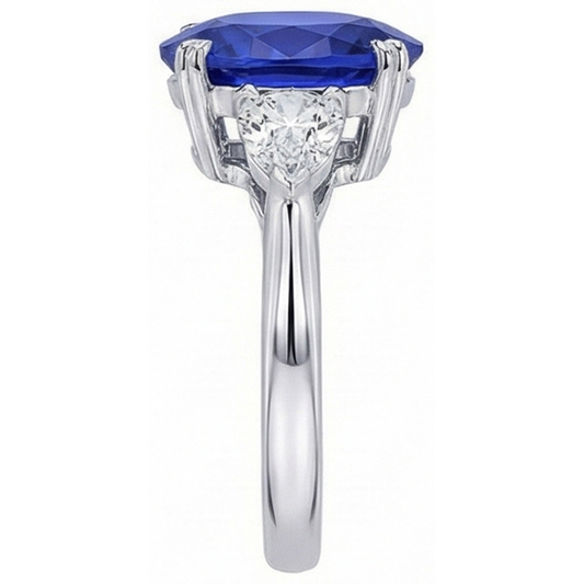 3 Stone Oval Ring Prong Blue Sapphire & Pear Natural Earth Mined Diamonds 4.50 Carats