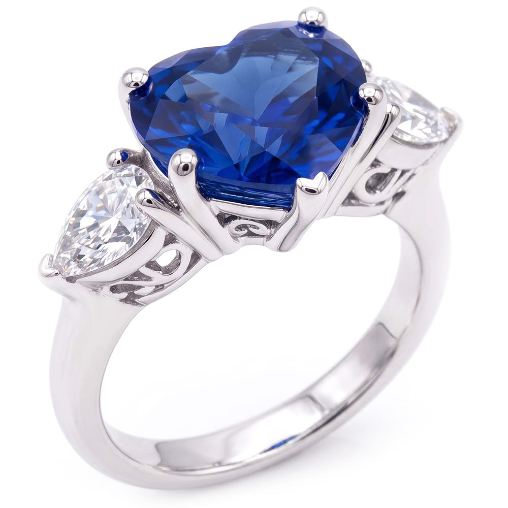 3 Stone Pear Natural Earth Mined Diamond & Heart Blue Sapphire Ring 3 Carats Gold Jewellery