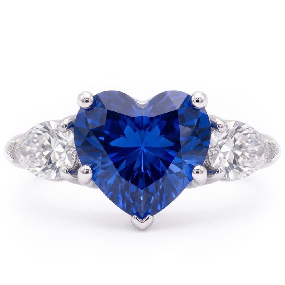 3 Stone Pear Natural Earth Mined Diamond & Heart Blue Sapphire Ring 3 Carats Gold Jewellery