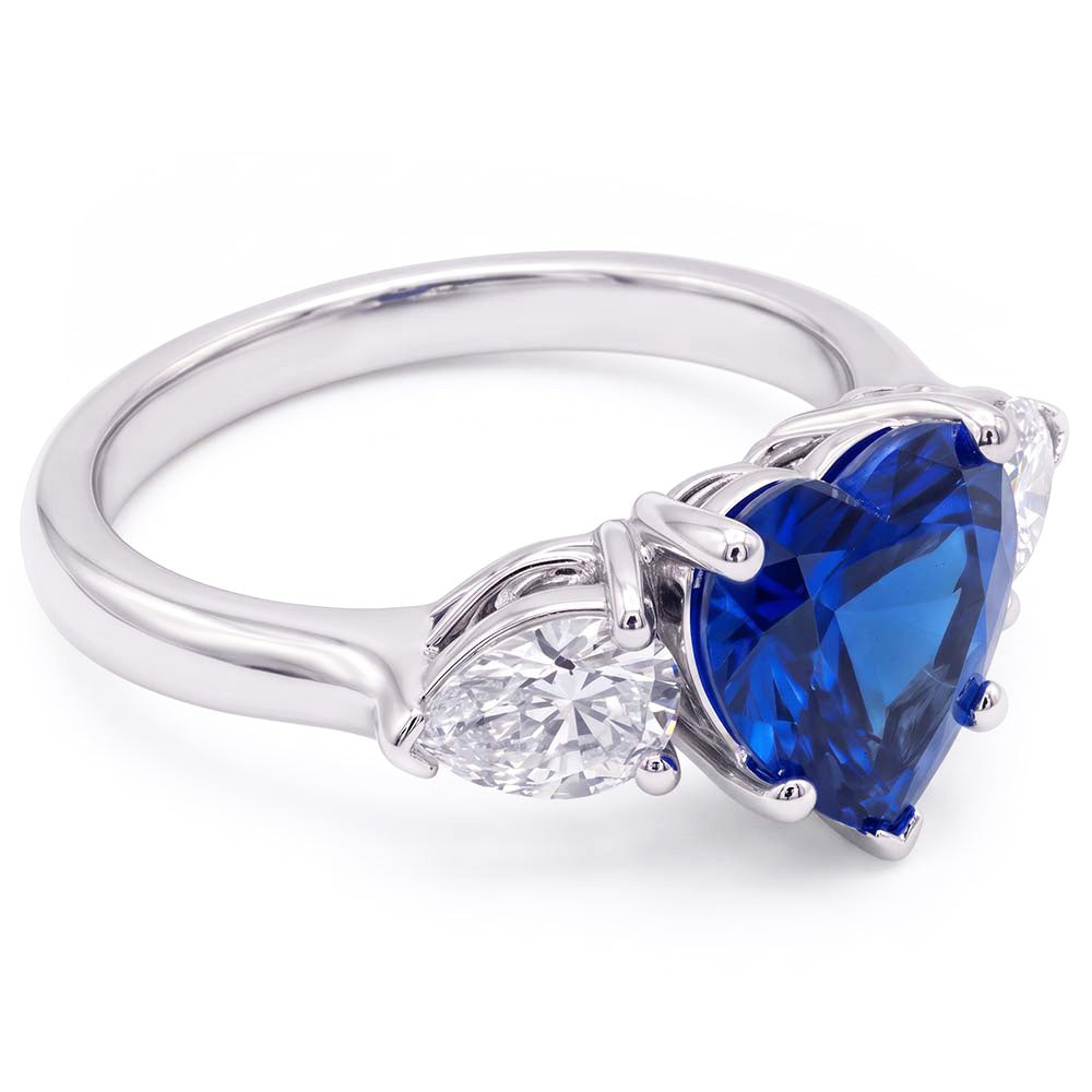 3 Stone Pear Natural Earth Mined Diamond & Heart Blue Sapphire Ring 3 Carats Gold Jewellery