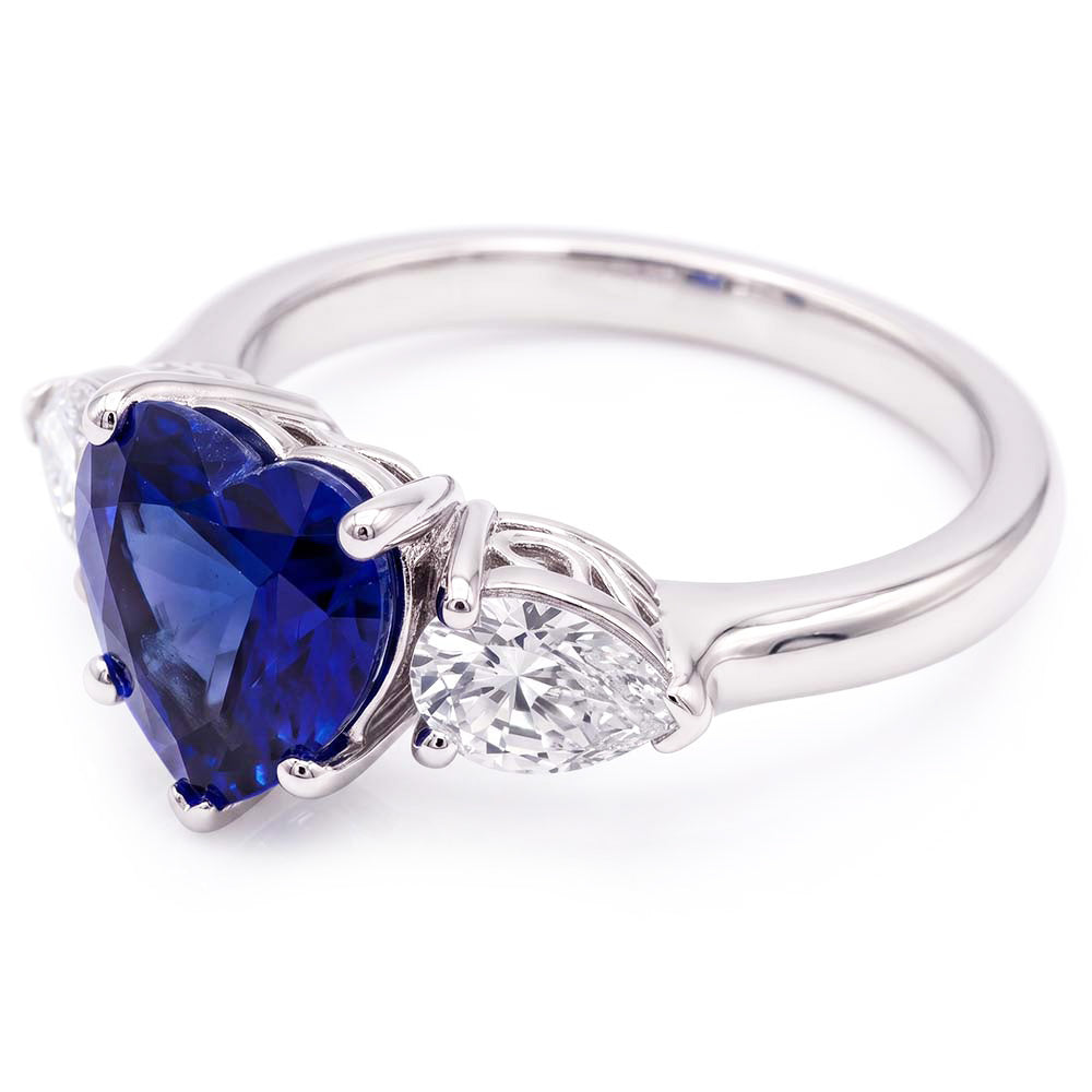 3 Stone Pear Natural Earth Mined Diamond & Heart Blue Sapphire Ring 3 Carats Gold Jewellery