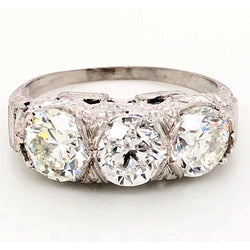 3 Stone Real Diamond Ring 4.50 Carats Antique Style Filigree Milgrain