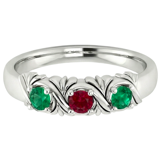 3 Stone Ring 0.60 Carats Antique Style Ruby Emerald