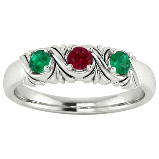 3 Stone Ring 0.60 Carats Antique Style Ruby Emerald