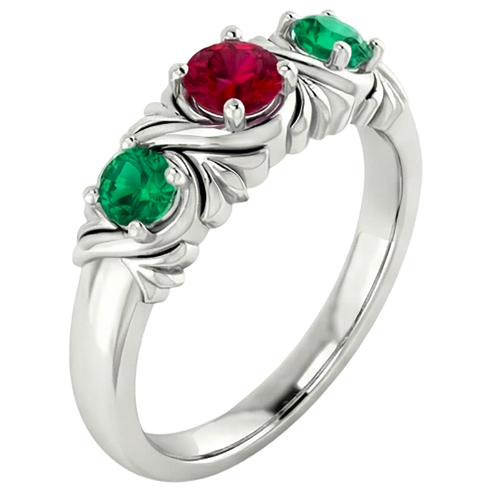 3 Stone Ring 0.60 Carats Antique Style Ruby Emerald