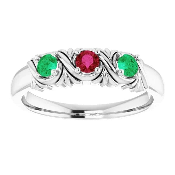 3 Stone Ring 0.60 Carats Antique Style Ruby Emerald