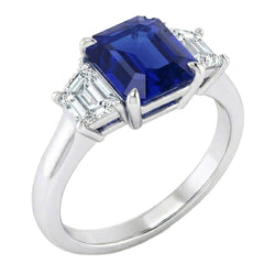 3 Stone Ring Asscher Cut Blue Sapphire & Trapezoid Natural Earth Mined Diamonds 2 Carats