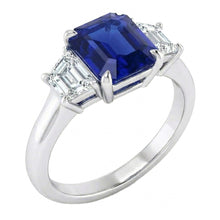 3 Stone Ring Asscher Cut Blue Sapphire & Trapezoid Natural Earth Mined Diamonds 2 Carats