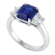 3 Stone Ring Asscher Cut Blue Sapphire & Trapezoid Natural Earth Mined Diamonds 2 Carats