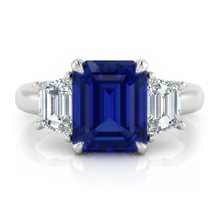 3 Stone Ring Asscher Cut Blue Sapphire & Trapezoid Natural Earth Mined Diamonds 2 Carats