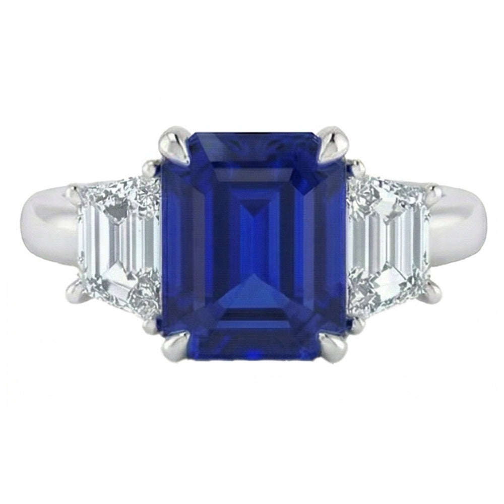 3 Stone Ring Asscher Cut Blue Sapphire & Trapezoid Natural Earth Mined Diamonds 2 Carats