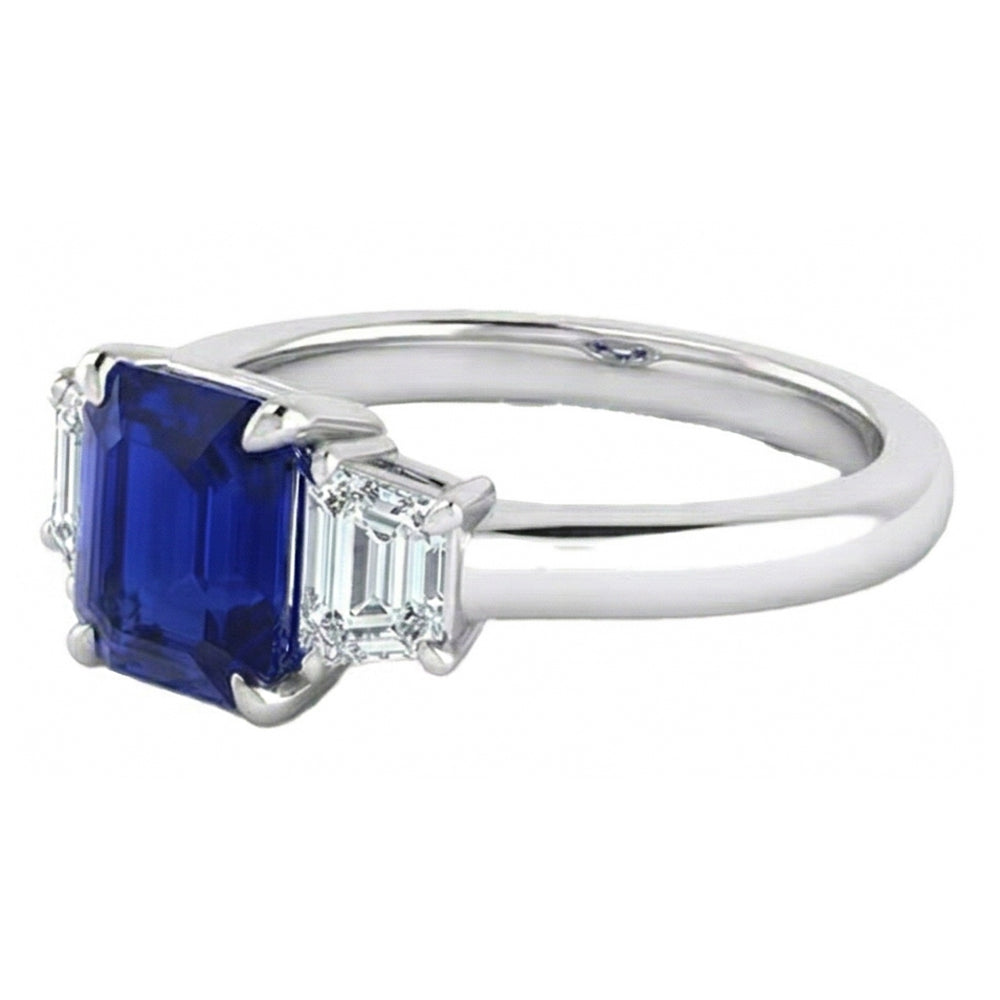 3 Stone Ring Asscher Cut Blue Sapphire & Trapezoid Natural Earth Mined Diamonds 2 Carats