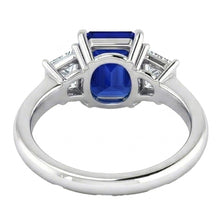 3 Stone Ring Asscher Cut Blue Sapphire & Trapezoid Natural Earth Mined Diamonds 2 Carats