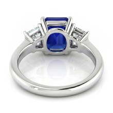 3 Stone Ring Asscher Cut Blue Sapphire & Trapezoid Natural Earth Mined Diamonds 2 Carats