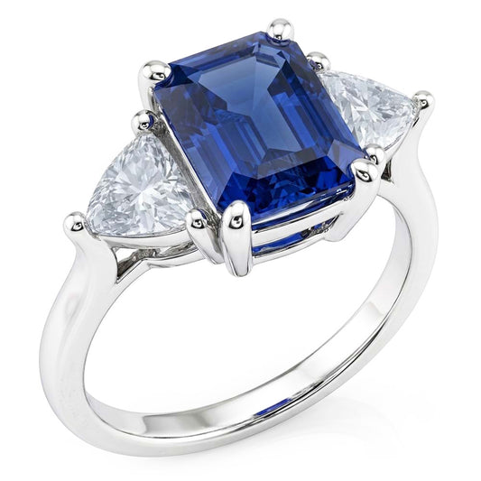 3 Stone Ring Blue Sapphire Emerald & Trillion Natural Earth Mined Diamonds 2.50 Carats