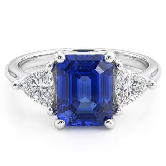 3 Stone Ring Blue Sapphire Emerald & Trillion Natural Earth Mined Diamonds 2.50 Carats