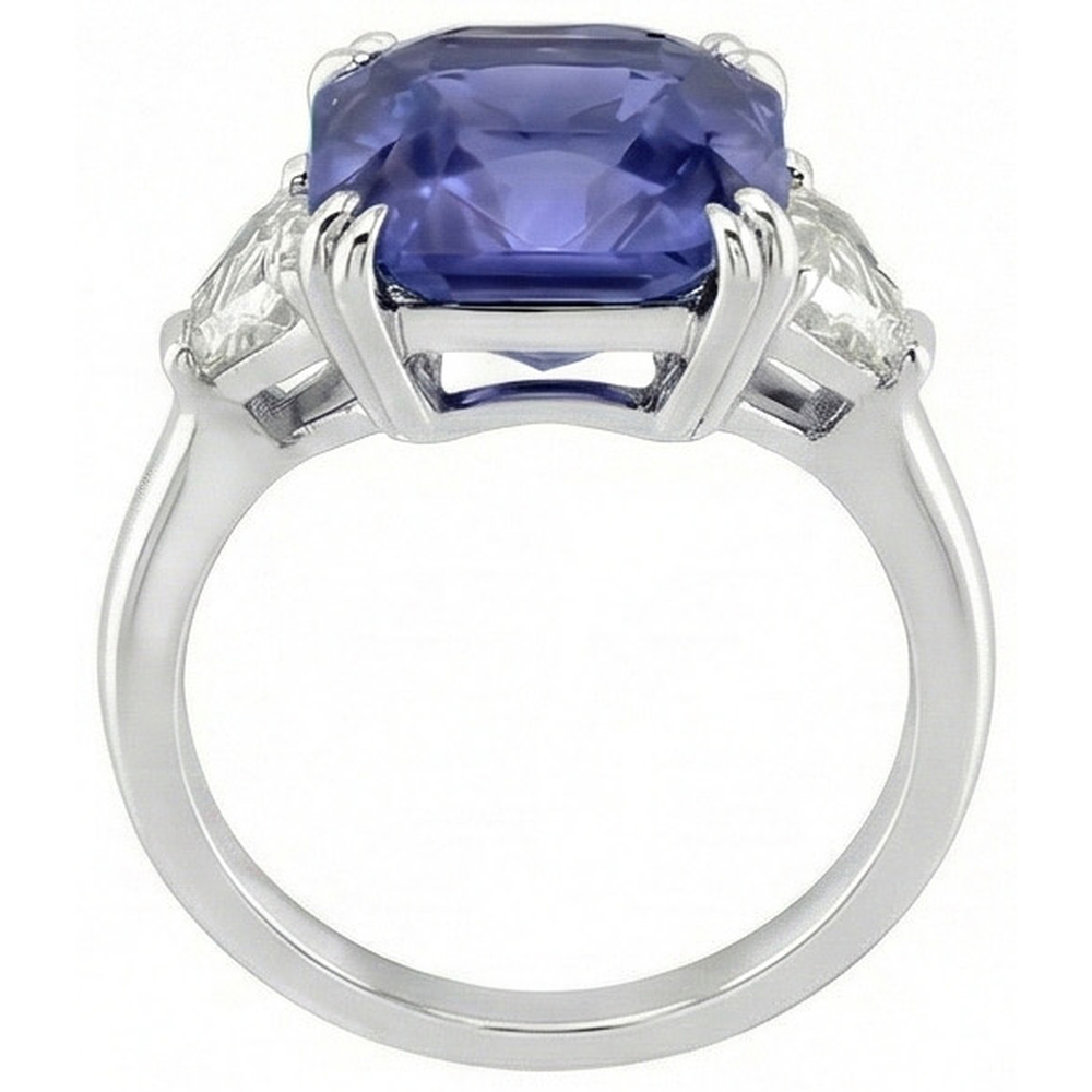 3 Stone Ring Double Prong Radiant Sapphire 4 Carats Half Moon Natural Earth Mined Diamonds