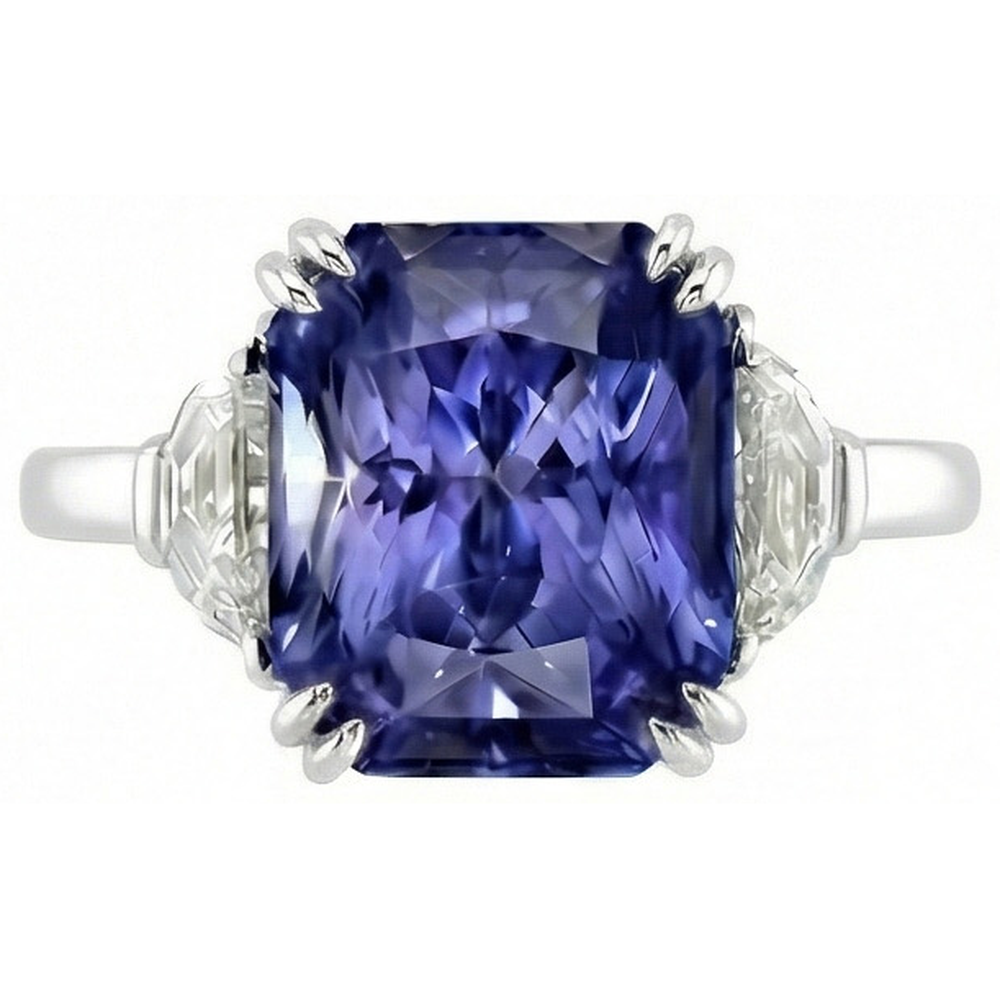 3 Stone Ring Double Prong Radiant Sapphire 4 Carats Half Moon Natural Earth Mined Diamonds