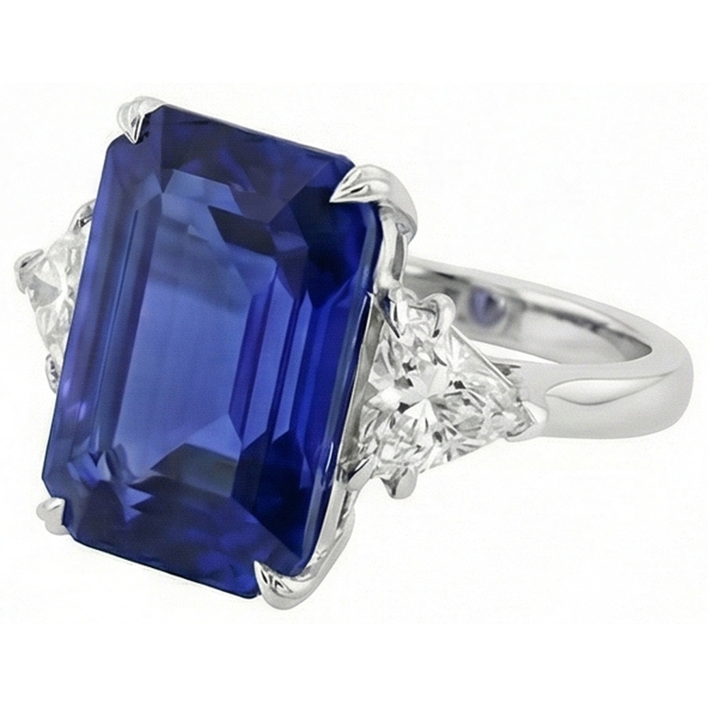 3 Stone Ring Emerald Blue Sapphire & Trillion Natural Earth Mined Diamonds 4.50 Carats New