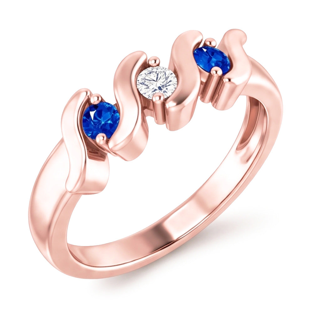 3 Stone Ring Natural Earth Mined Diamond Blue Sapphire 0.90 Carats Rose Gold 14K