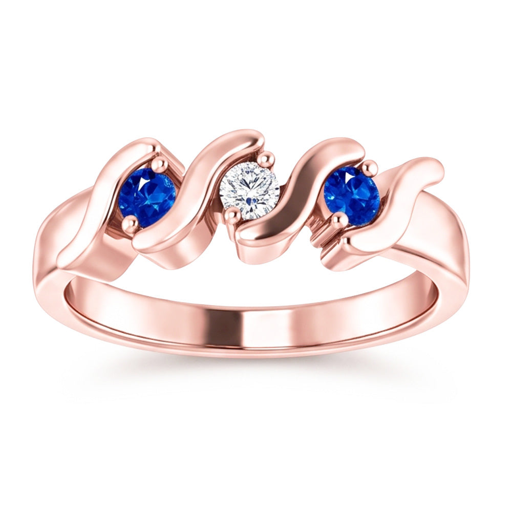 3 Stone Ring Natural Earth Mined Diamond Blue Sapphire 0.90 Carats Rose Gold 14K