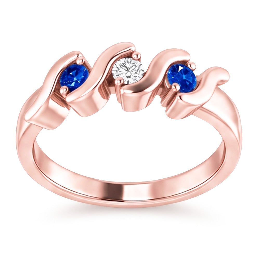 3 Stone Ring Natural Earth Mined Diamond Blue Sapphire 0.90 Carats Rose Gold 14K
