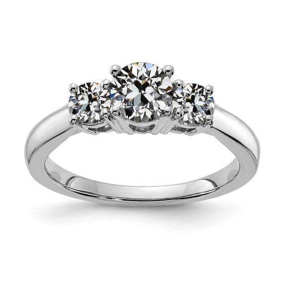 3 Stone Ring Natural Round Old Mine Cut Diamond White Gold Jewelry 3 Carats
