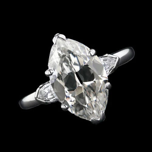 3 Stone Ring Old Cut Marquise Real Diamond & Tapered Baguettes 5.25 Carats