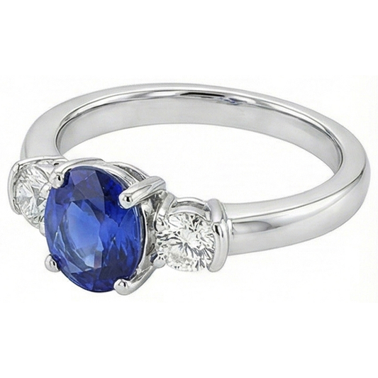 3 Stone Ring Oval And Round Cut Ceylon Sapphire & Natural Earth Mined Diamond 5 Carats New