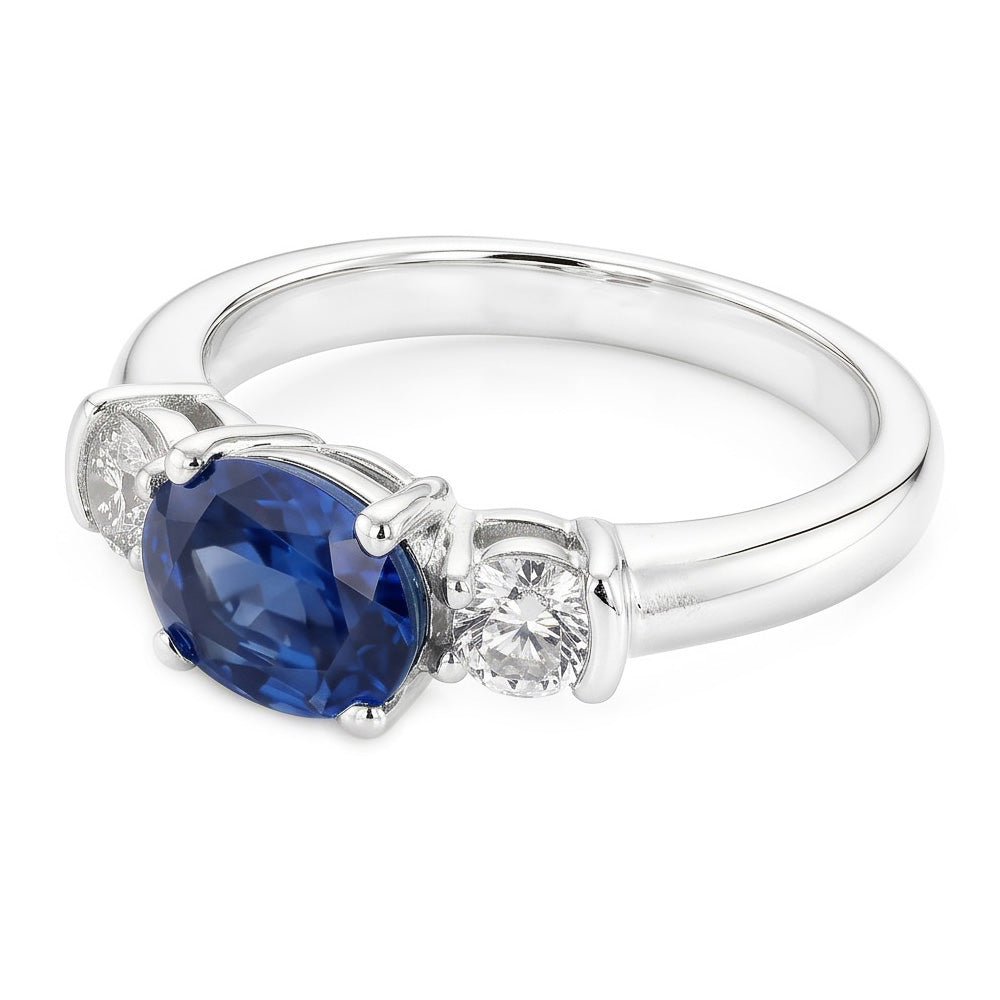 3 Stone Ring Oval And Round Cut Ceylon Sapphire & Natural Earth Mined Diamond 5 Carats New