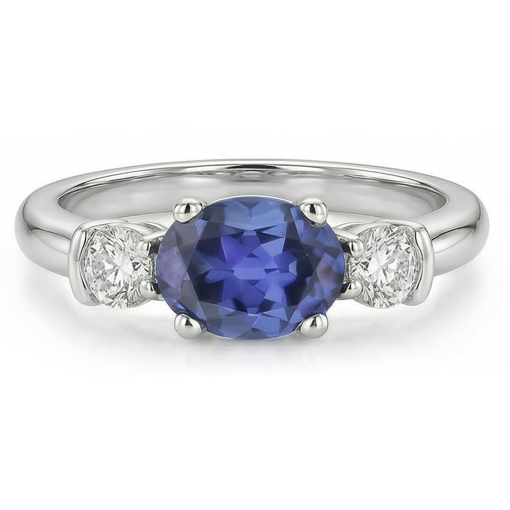 3 Stone Ring Oval And Round Cut Ceylon Sapphire & Natural Earth Mined Diamond 5 Carats New