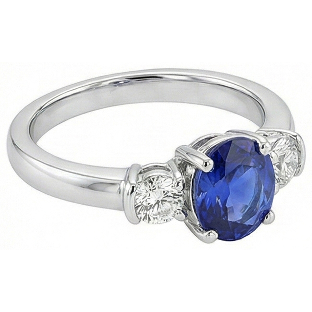 3 Stone Ring Oval And Round Cut Ceylon Sapphire & Natural Earth Mined Diamond 5 Carats New