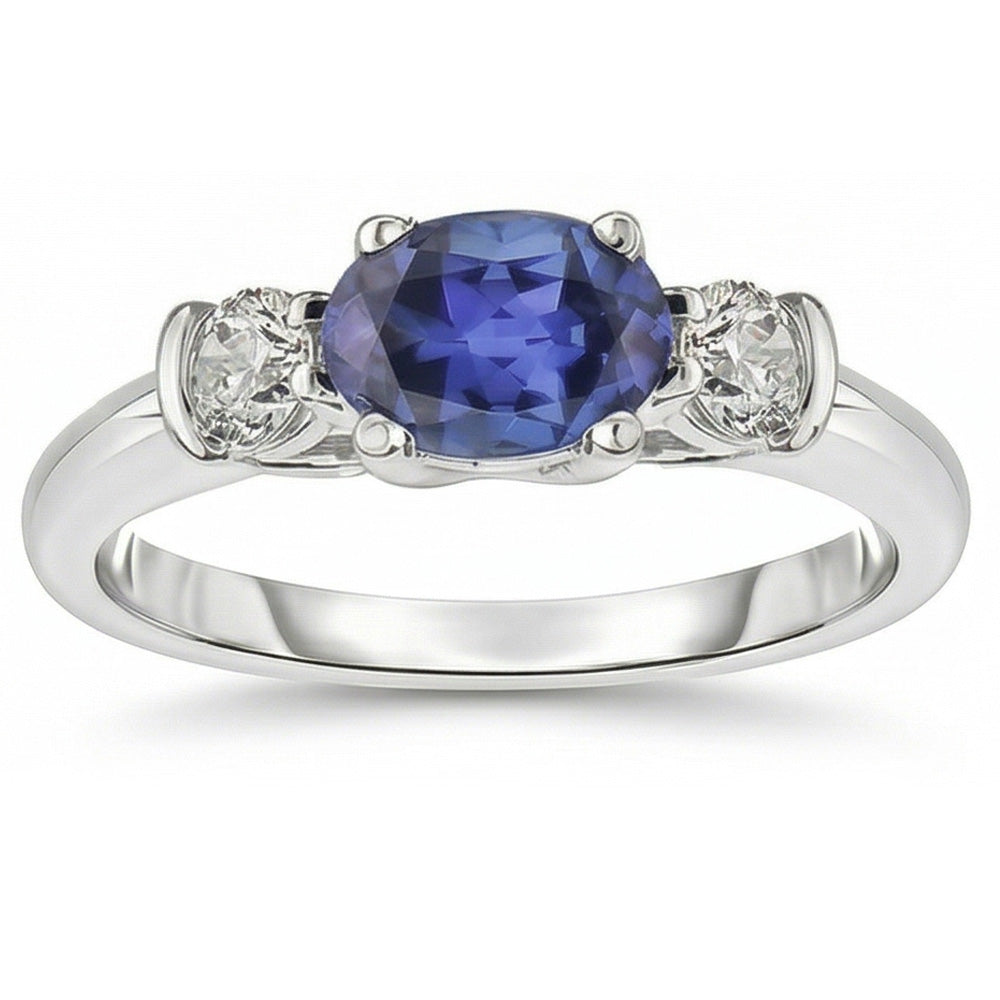 3 Stone Ring Oval And Round Cut Ceylon Sapphire & Natural Earth Mined Diamond 5 Carats New