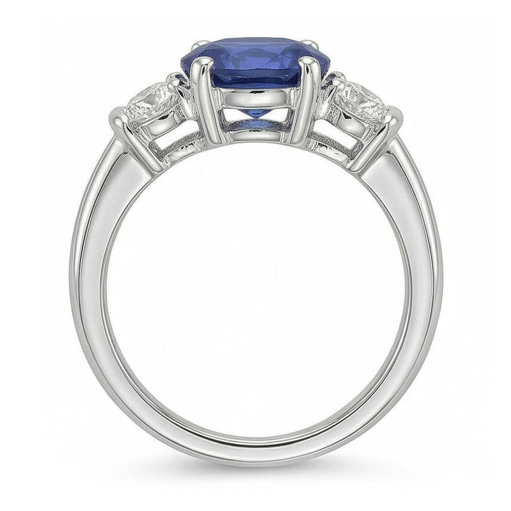 3 Stone Ring Oval And Round Cut Ceylon Sapphire & Natural Earth Mined Diamond 5 Carats New