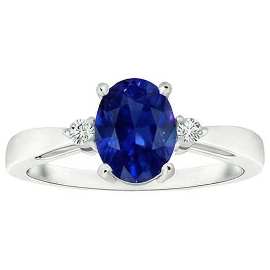 3 Stone Ring Oval Blue Sapphire & Natural Earth Mined Diamond 4.75 Carats Tapered Shank