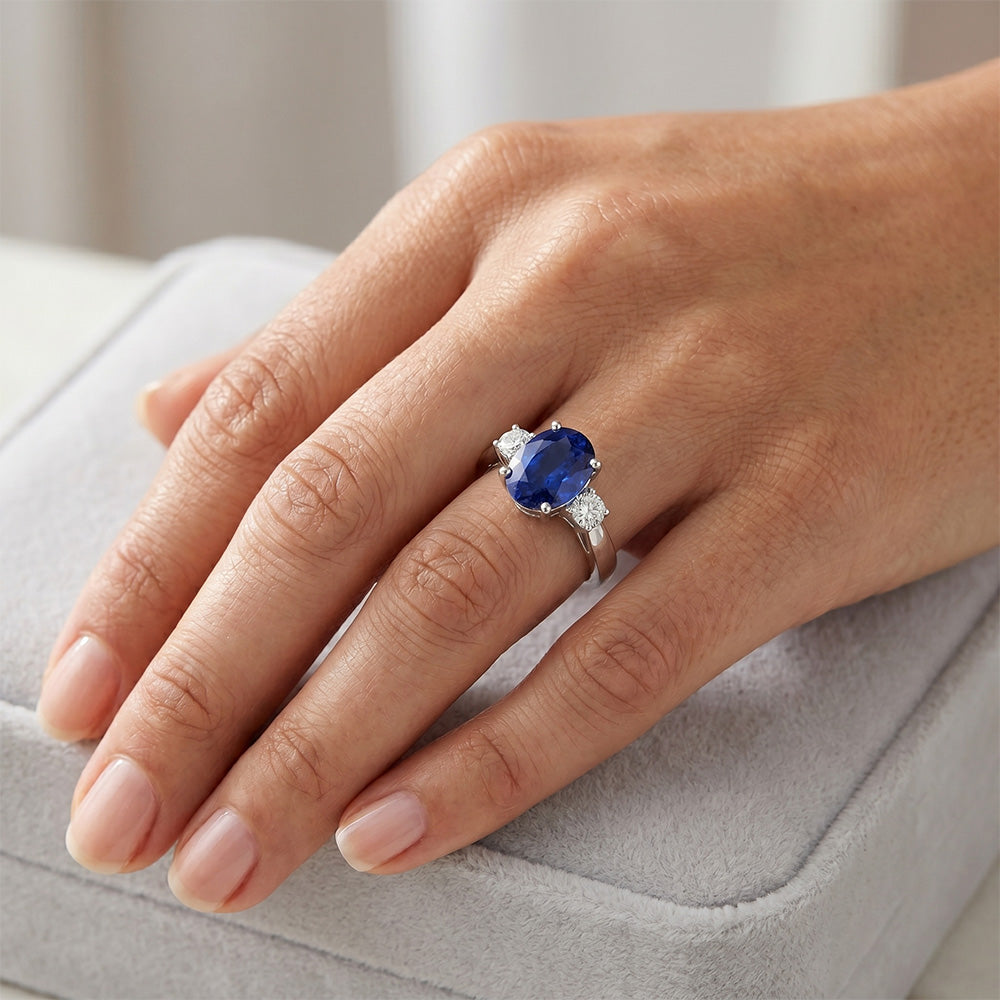 3 Stone Ring Oval Blue Sapphire & Natural Earth Mined Diamond 4.75 Carats Tapered Shank