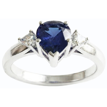3 Stone Ring Pear Blue Sapphire & Princess Natural Earth Mined Diamonds 3 Carats Gold 14K