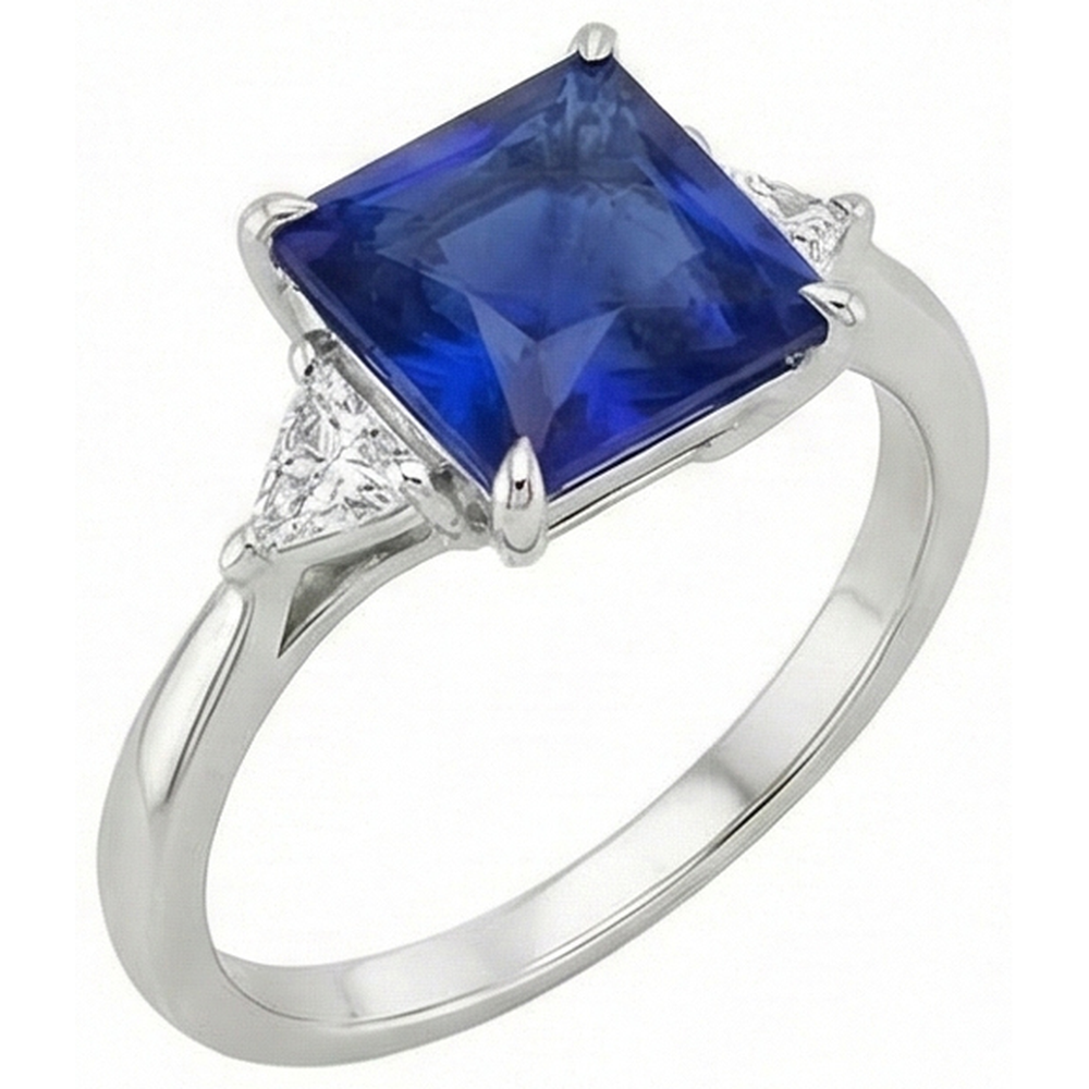 3 Stone Ring Princess Blue Sapphire & Trillion Cut Natural Earth Mined Diamonds 5.50 Carat
