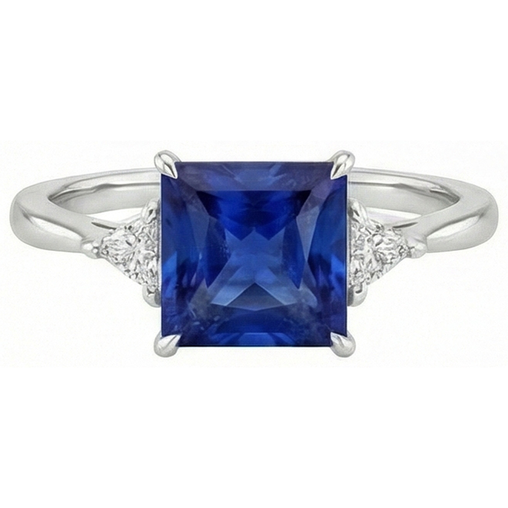 3 Stone Ring Princess Blue Sapphire & Trillion Cut Natural Earth Mined Diamonds 5.50 Carat