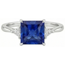3 Stone Ring Princess Blue Sapphire & Trillion Cut Natural Earth Mined Diamonds 5.50 Carat