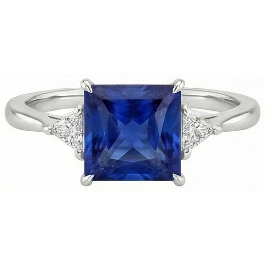 3 Stone Ring Princess Blue Sapphire & Trillion Cut Natural Earth Mined Diamonds 5.50 Carat