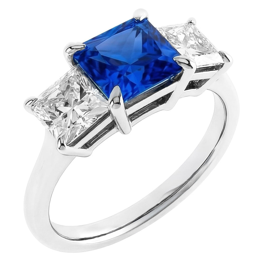 3 Stone Ring Princess Prong Set Ceylon Sapphire & Natural Earth Mined Diamonds 2 Carats