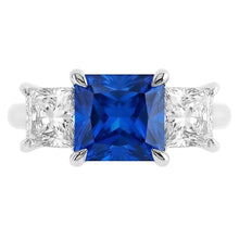 3 Stone Ring Princess Prong Set Ceylon Sapphire & Natural Earth Mined Diamonds 2 Carats