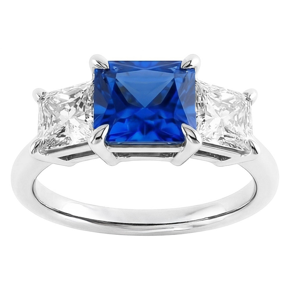 3 Stone Ring Princess Prong Set Ceylon Sapphire & Natural Earth Mined Diamonds 2 Carats