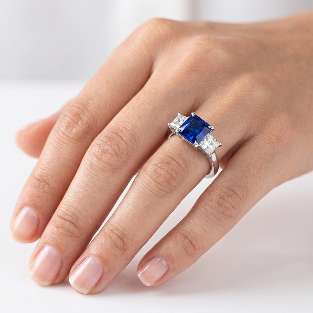 3 Stone Ring Princess Prong Set Ceylon Sapphire & Natural Earth Mined Diamonds 2 Carats