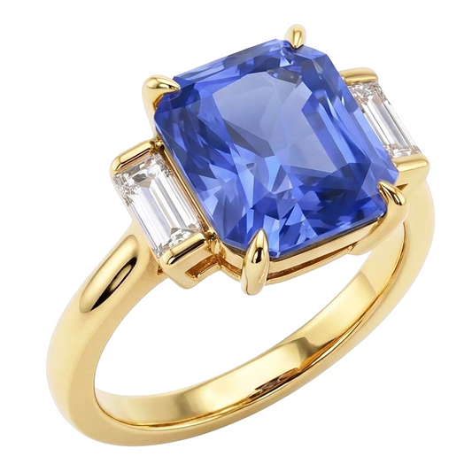 3 Stone Ring Radiant Blue Sapphire 2.50 Carats Baguette Natural Earth Mined Diamonds