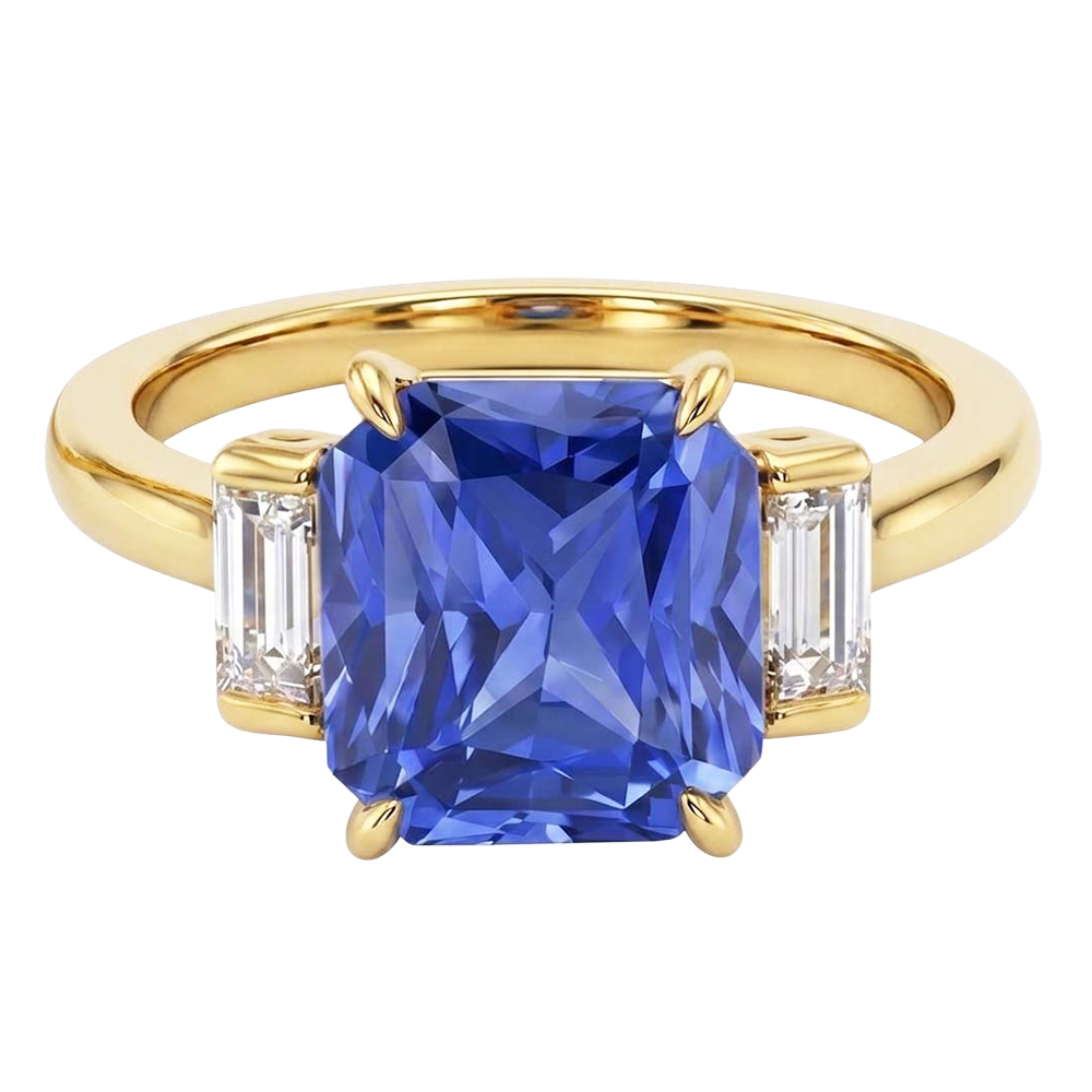3 Stone Ring Radiant Blue Sapphire 2.50 Carats Baguette Natural Earth Mined Diamonds